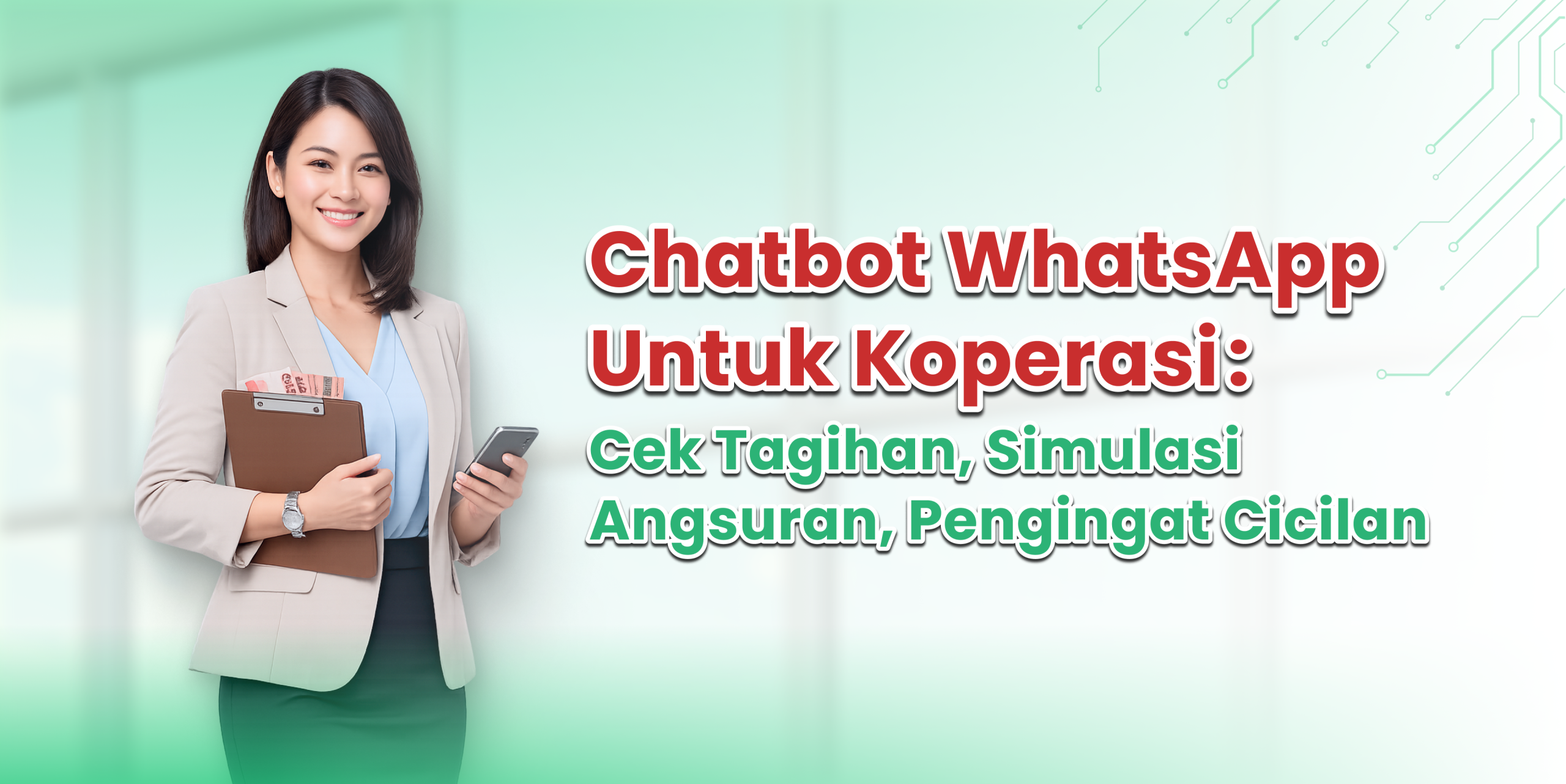 Ilustrasi petugas koperasi menggunakan WhatsApp untuk cek tagihan pinjaman dan cicilan anggota